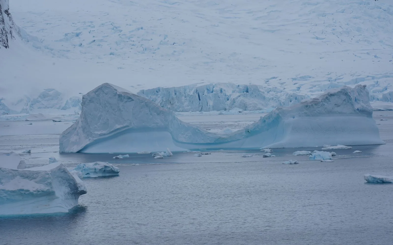Icebergs and glaciers along the Antarctic coastline