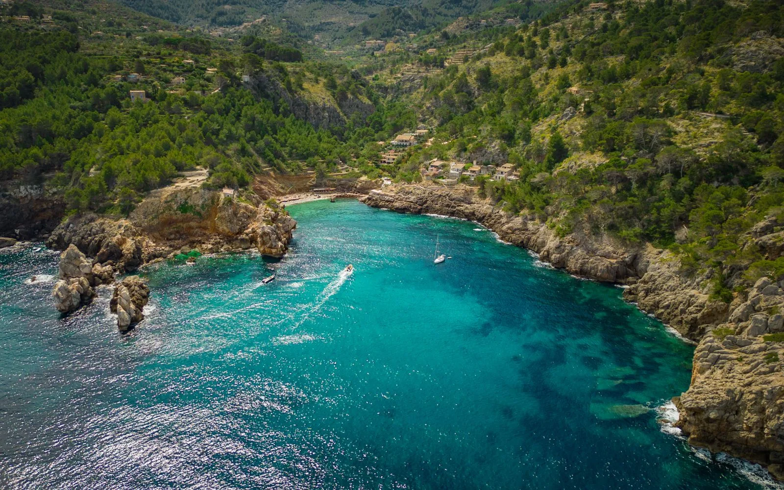 Aerial view of turquoise water and coastline near Palma, Mallorca