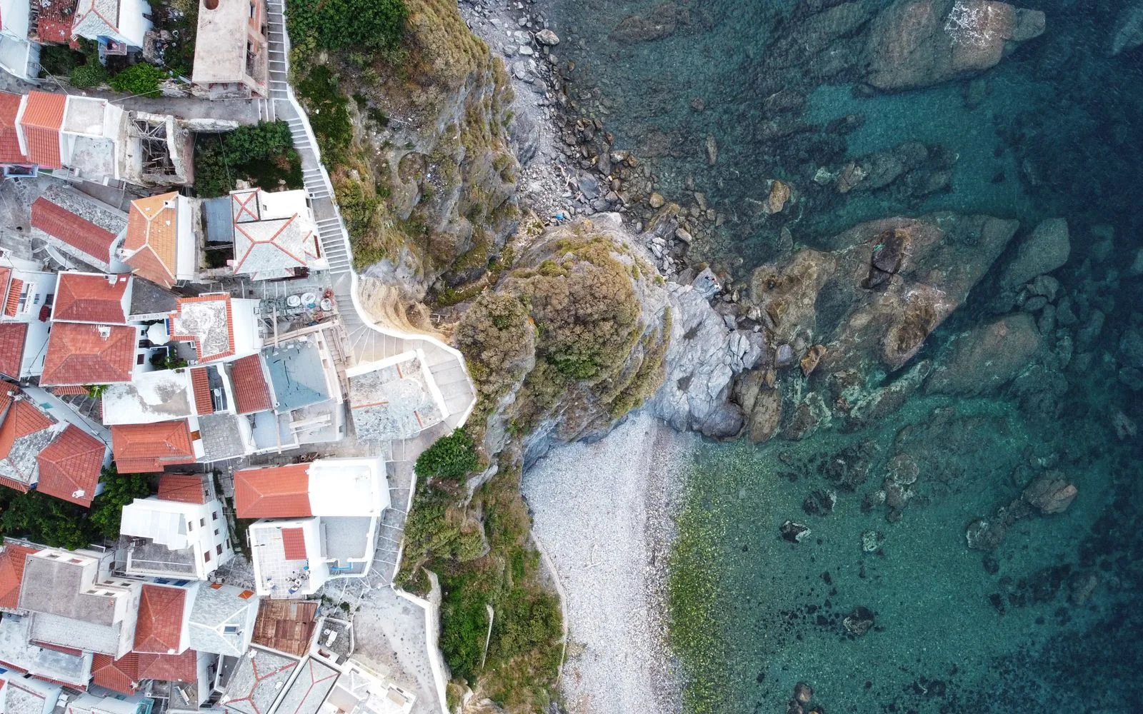 Aerial view of a coastal village on Skopelos, Greece