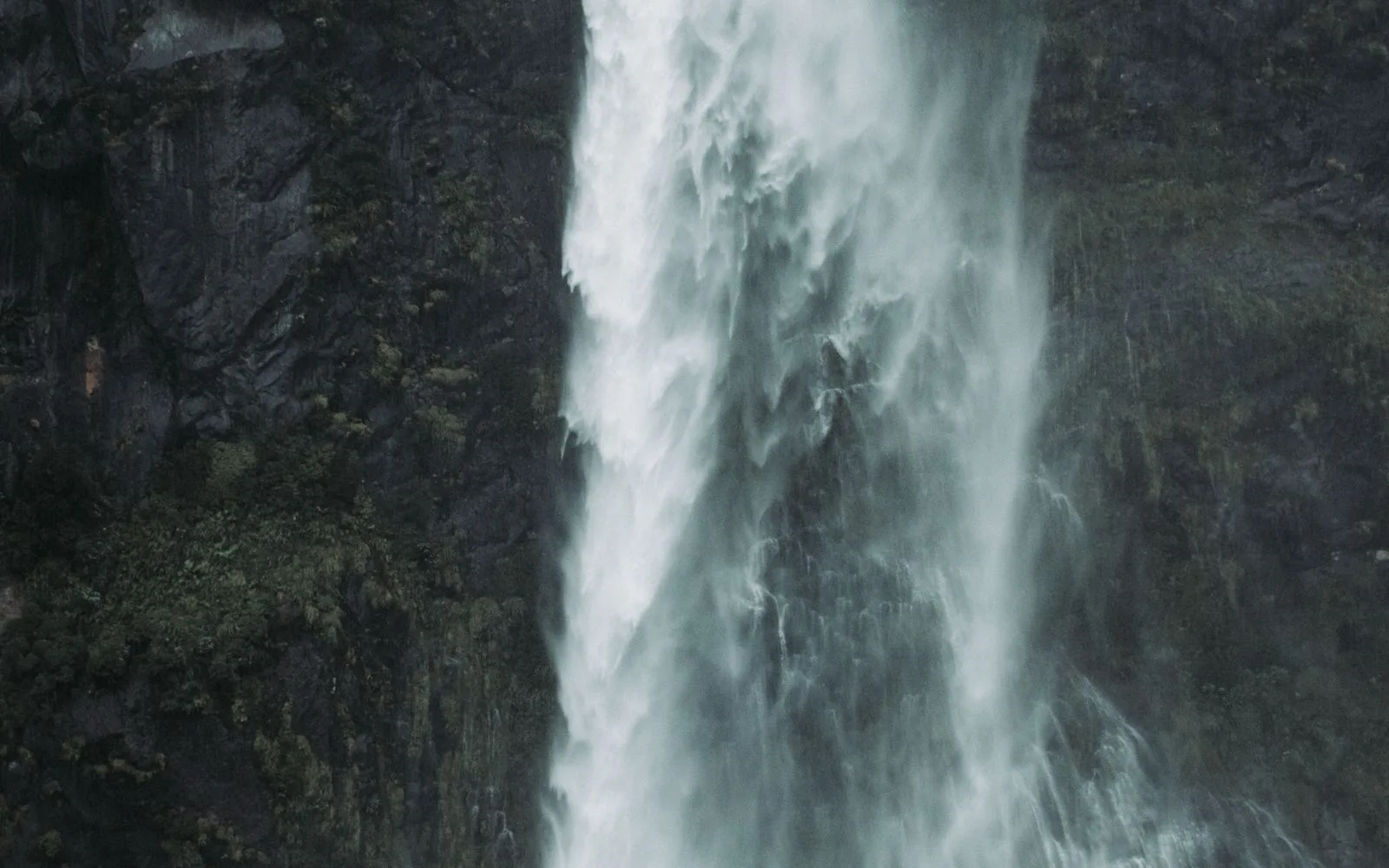 Waterfall plunging into Milford Sound, Fiordland