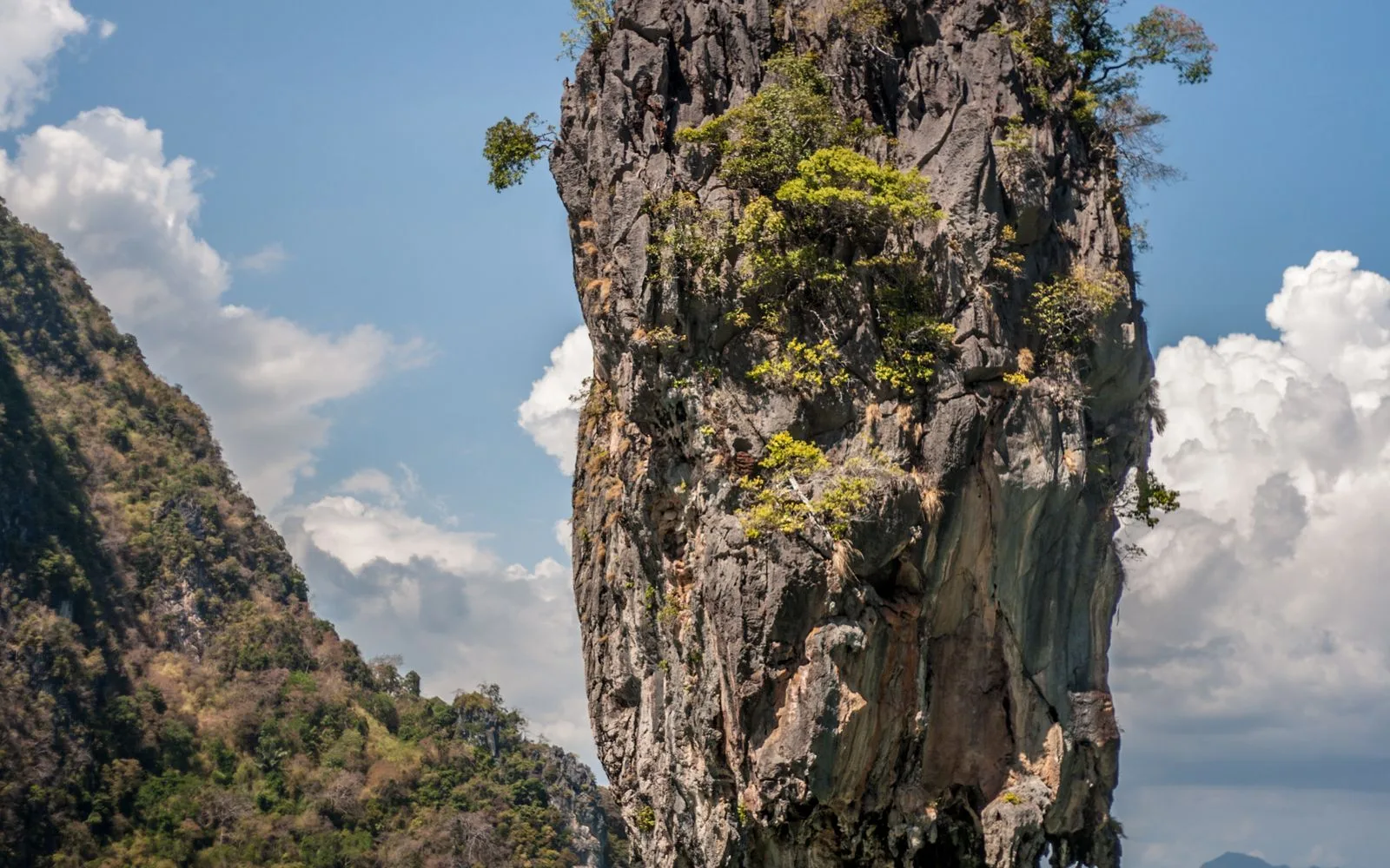 Longtail yacht beneath a Phang Nga Bay karst