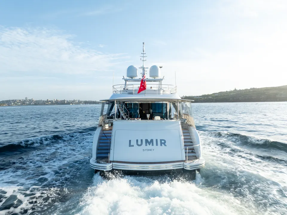 M/Y Lumir from astern, her name on the transom
