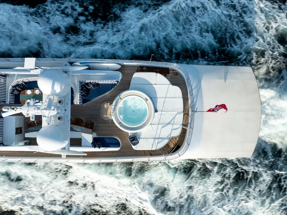 M/Y Lumir, Overhead view of the sun deck and spa pool