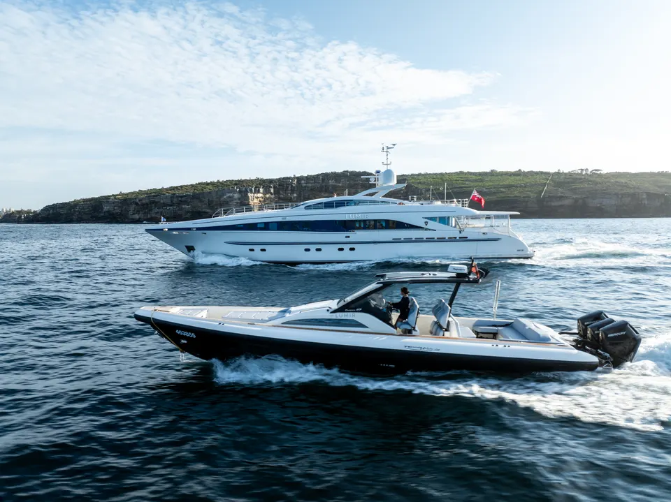 M/Y Lumir with her Technohull Omega 47 tender alongside