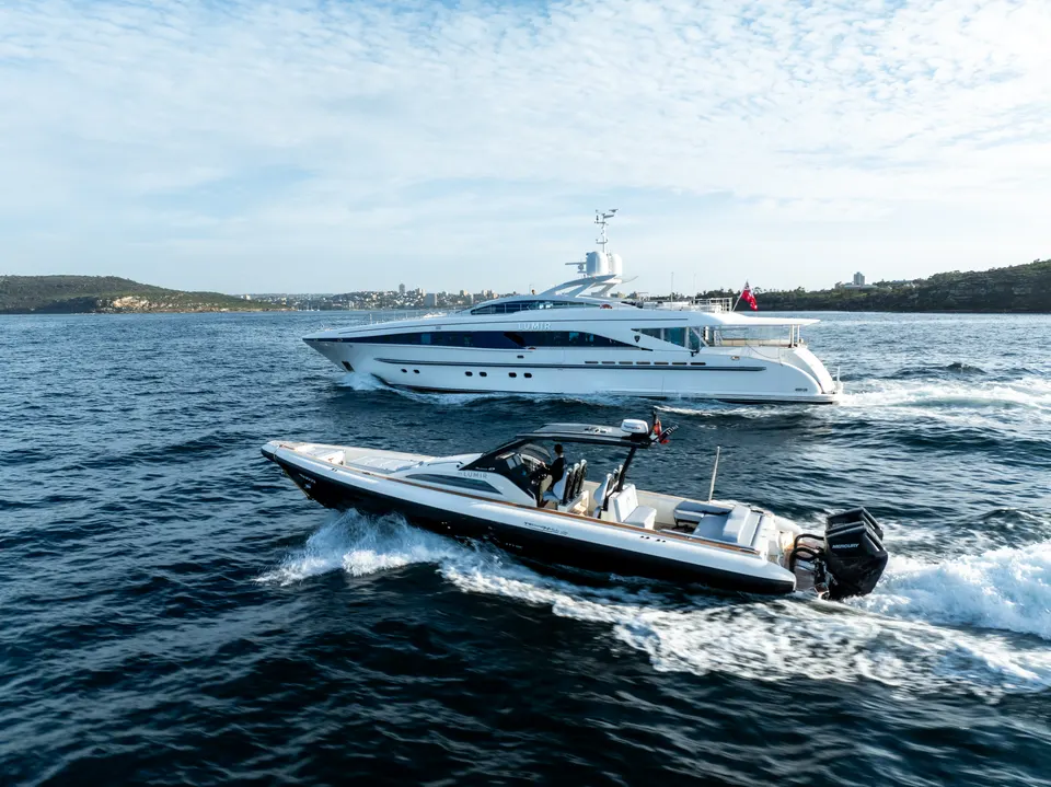 M/Y Lumir, The Technohull Omega 47 tender running beside Lumir