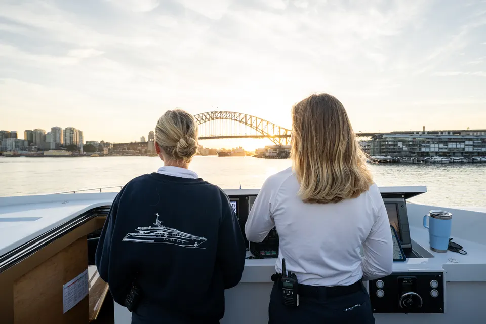 M/Y Lumir, Crew at the helm with the Harbour Bridge ahead