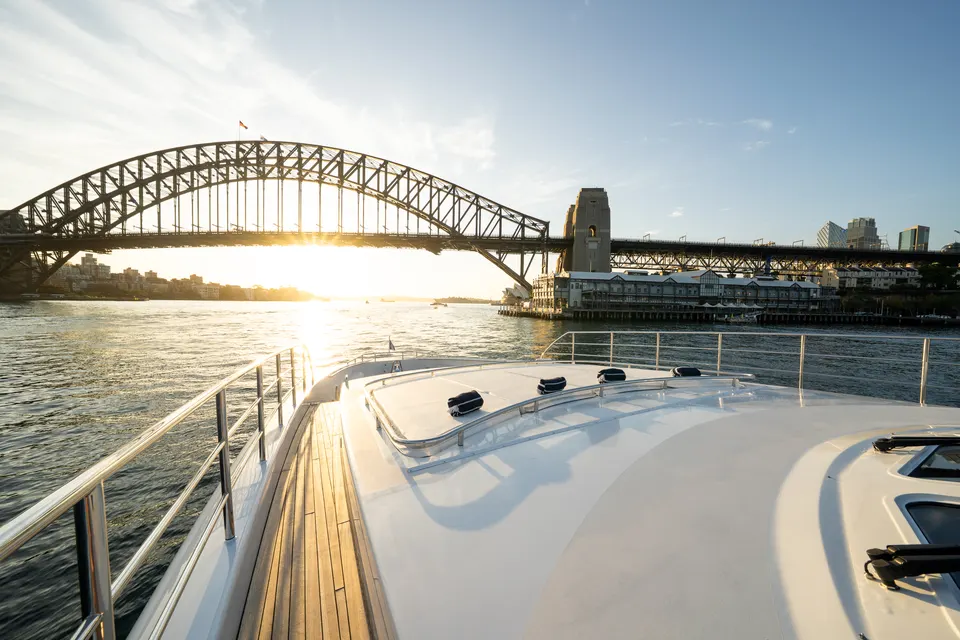 M/Y Lumir, The Harbour Bridge at sunset from Lumir's foredeck