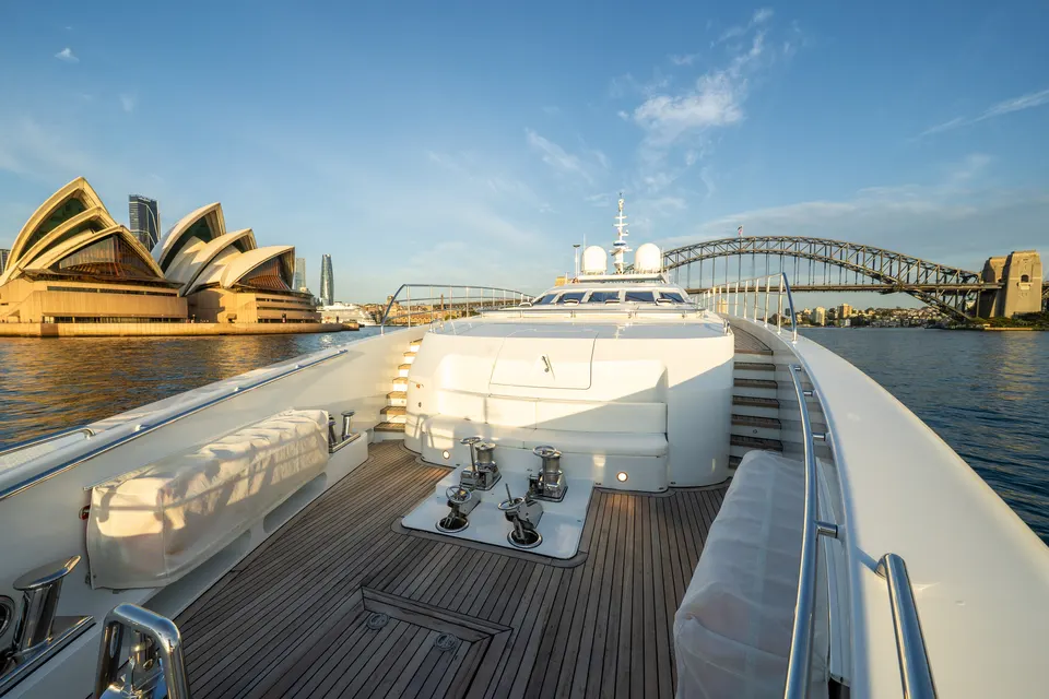 M/Y Lumir's foredeck with the Opera House and Harbour Bridge