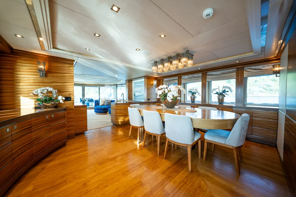 M/Y Lumir, Formal dining room with the salon beyond