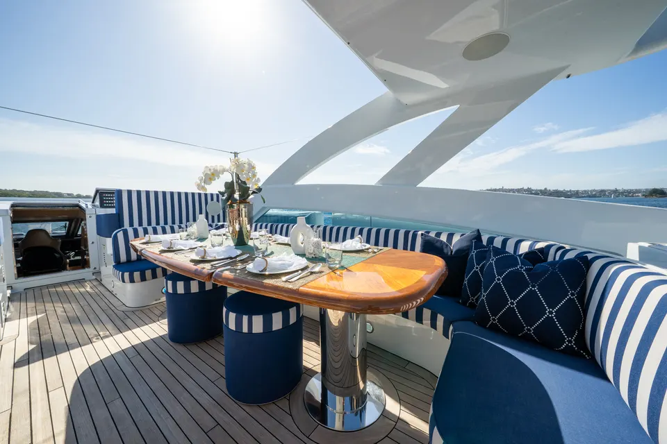M/Y Lumir, Sun deck dining table set for lunch