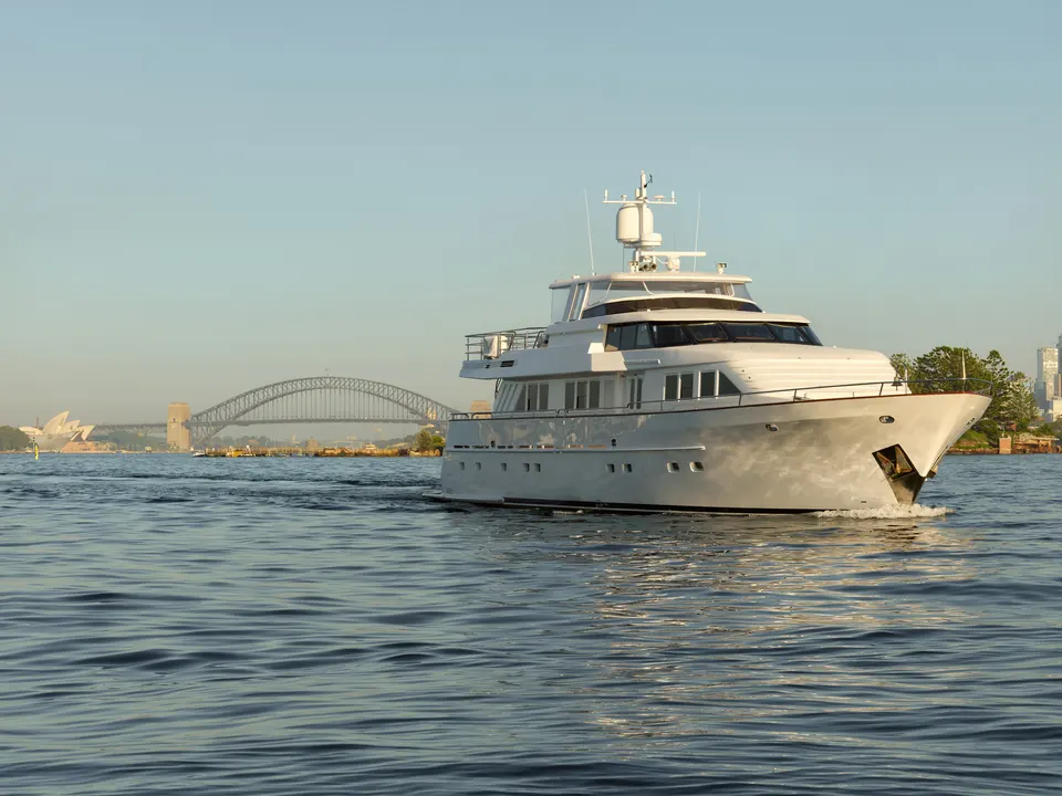 M/Y Sea Raes, on Sydney Harbour, the Harbour Bridge behind