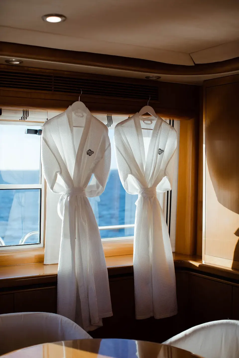 M/Y Sea Raes, robes in the cabin