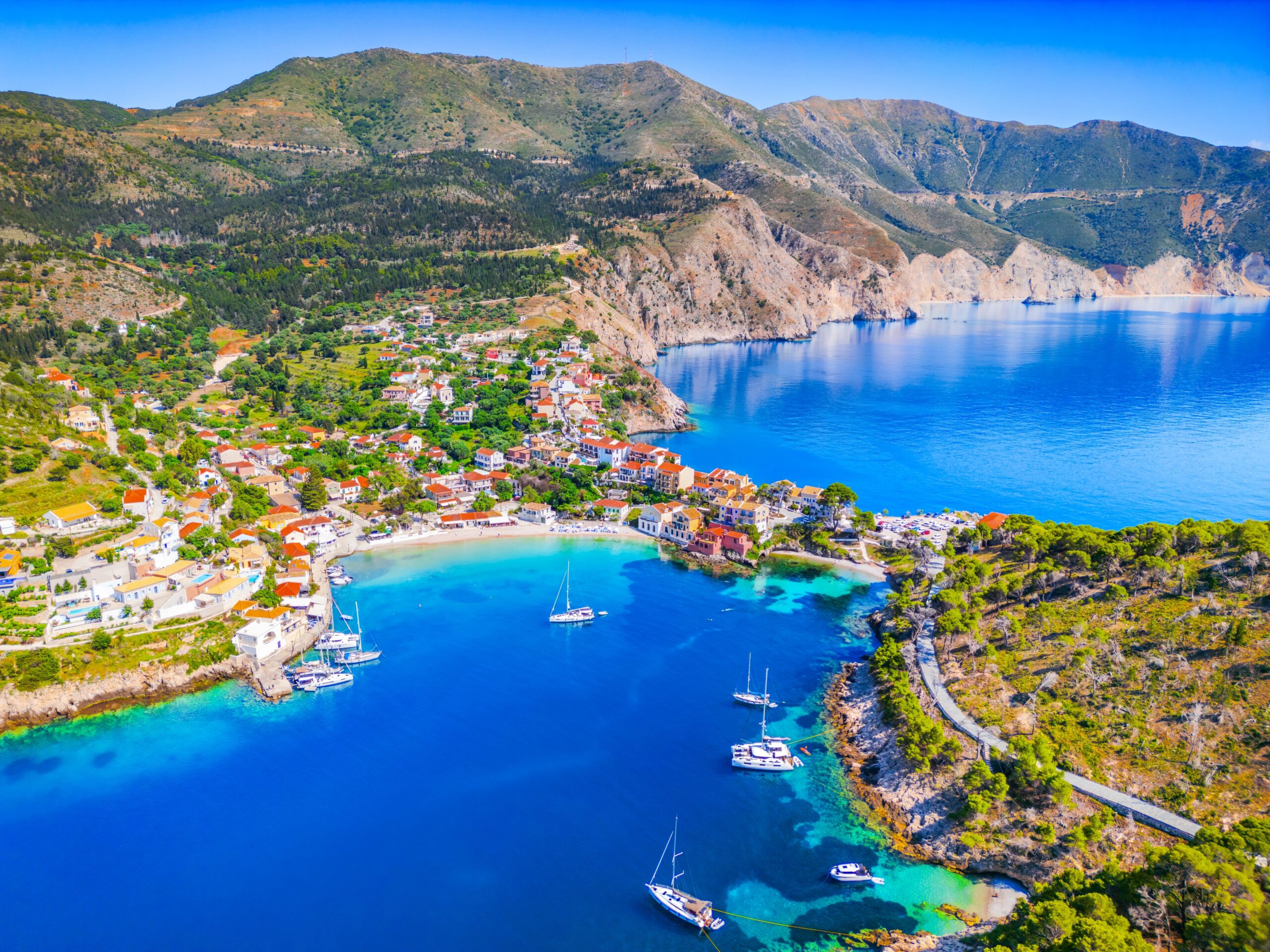 Assos,,Greece.,Instagrammable,Aerial,And,Picturesque,Kefalonia,,Greek,Islands.